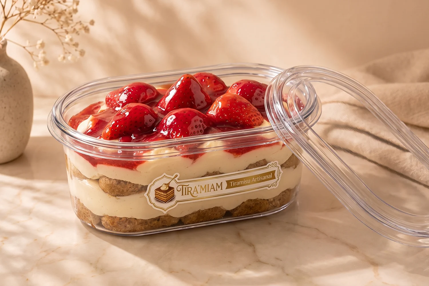 Le tiramisu aux fraises en barquette transparente de 500 ml, couvercle ouvert.