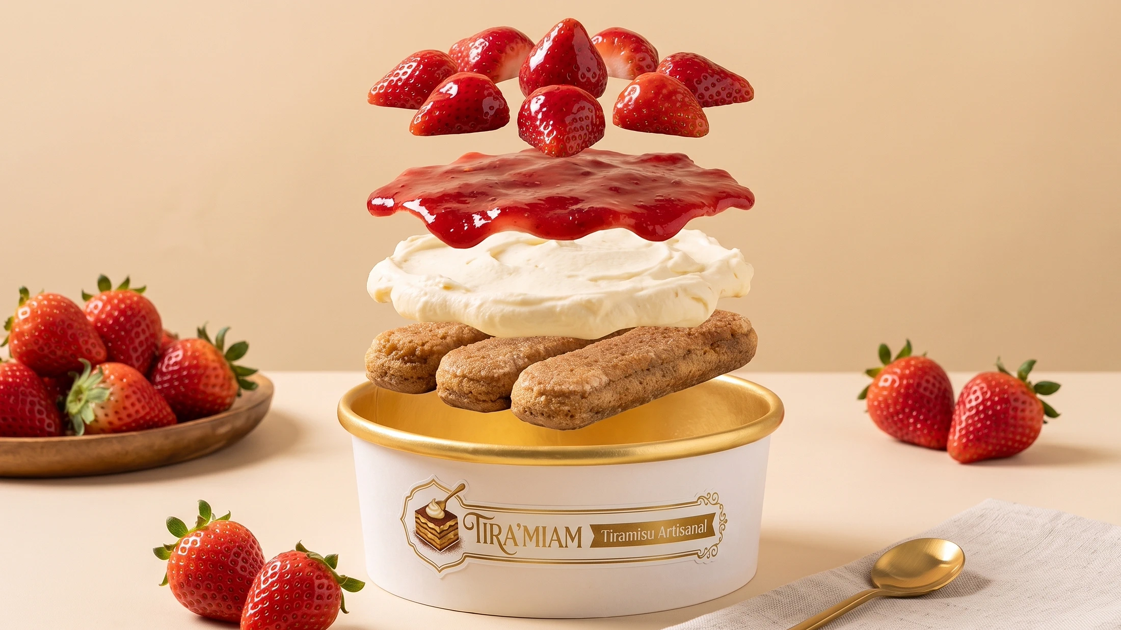 Le même pot, ses quatre couches suspendues au-dessus.