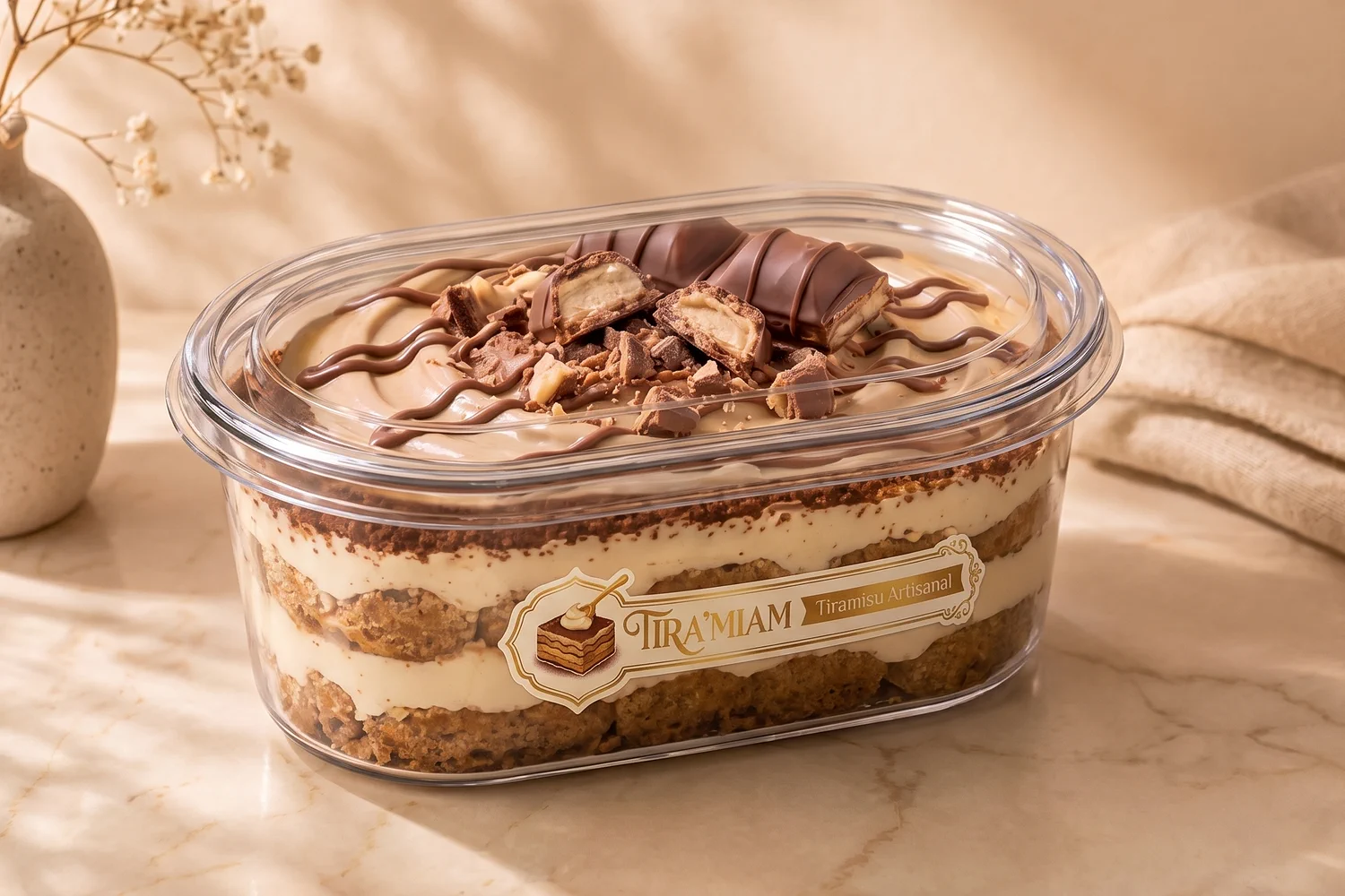 Le tiramisu Kinder Bueno en barquette transparente de 500 ml, couvercle fermé.