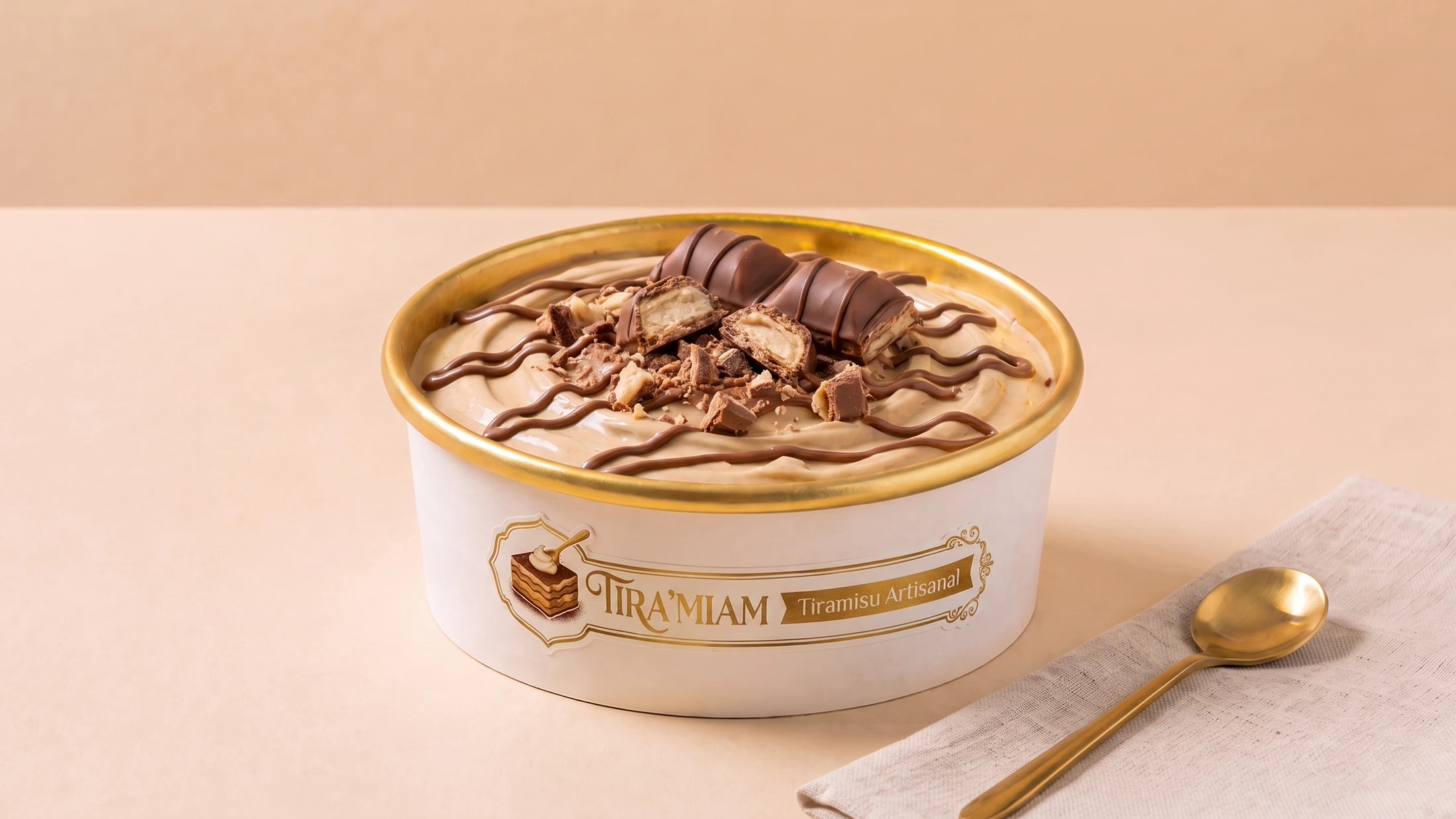 Le tiramisu Kinder Bueno Tira'Miam fermé dans son pot de 750 ml.