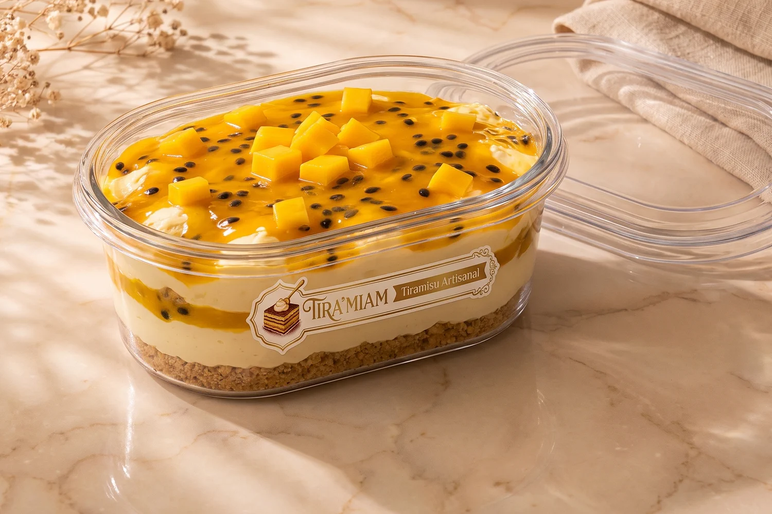 Le tiramisu mangue-passion en barquette transparente de 500 ml, couvercle ouvert.