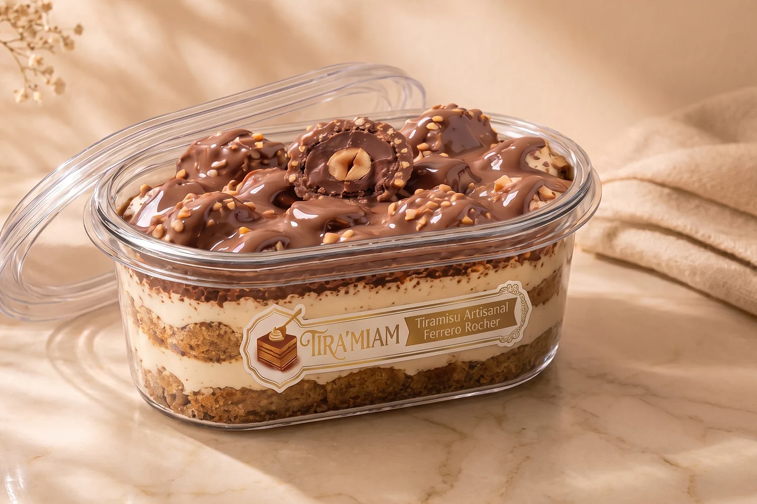 Le tiramisu Ferrero Rocher en barquette transparente de 500 ml, couvercle ouvert.