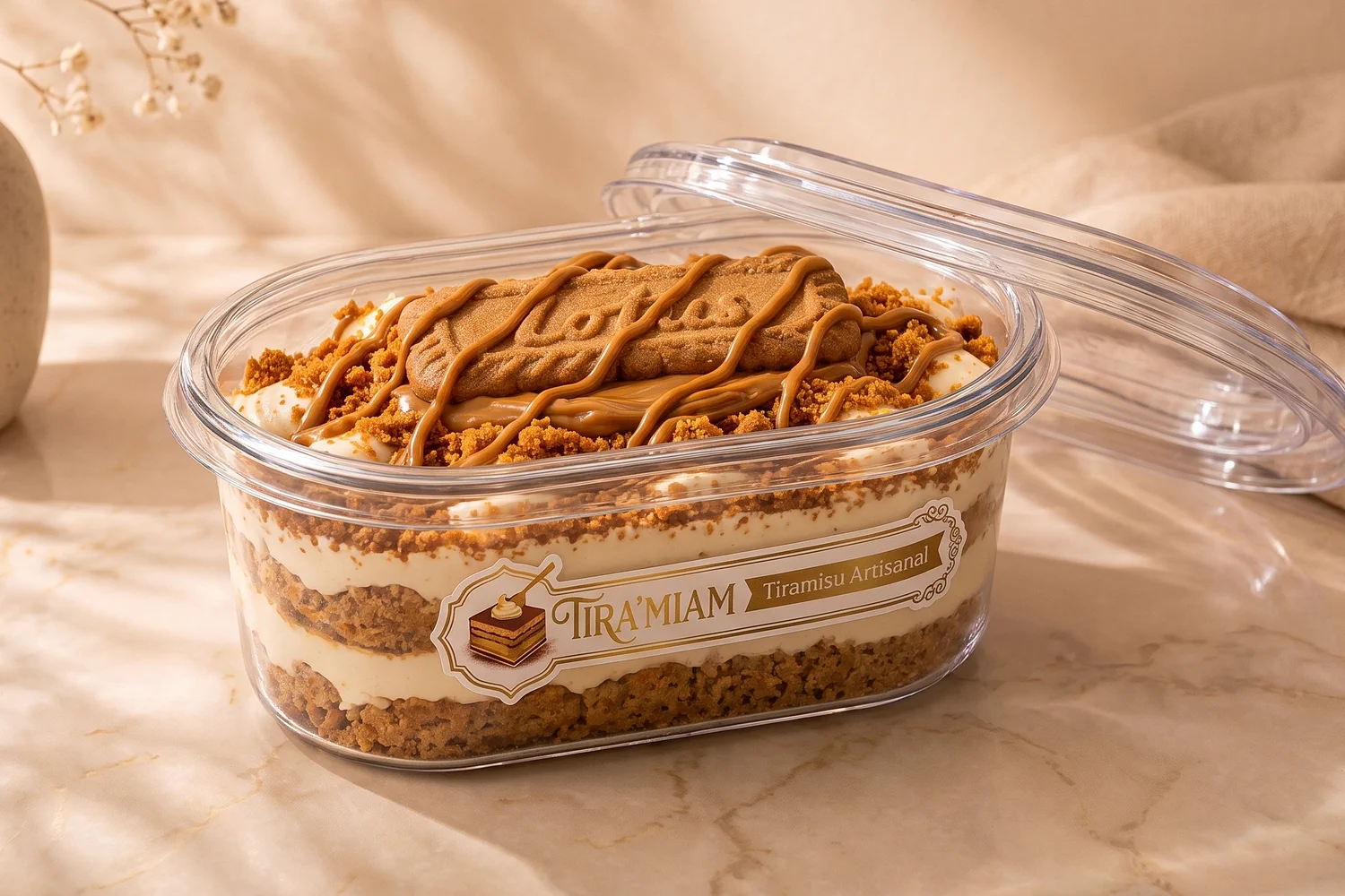 Le tiramisu spéculoos en barquette transparente de 500 ml, couvercle ouvert.