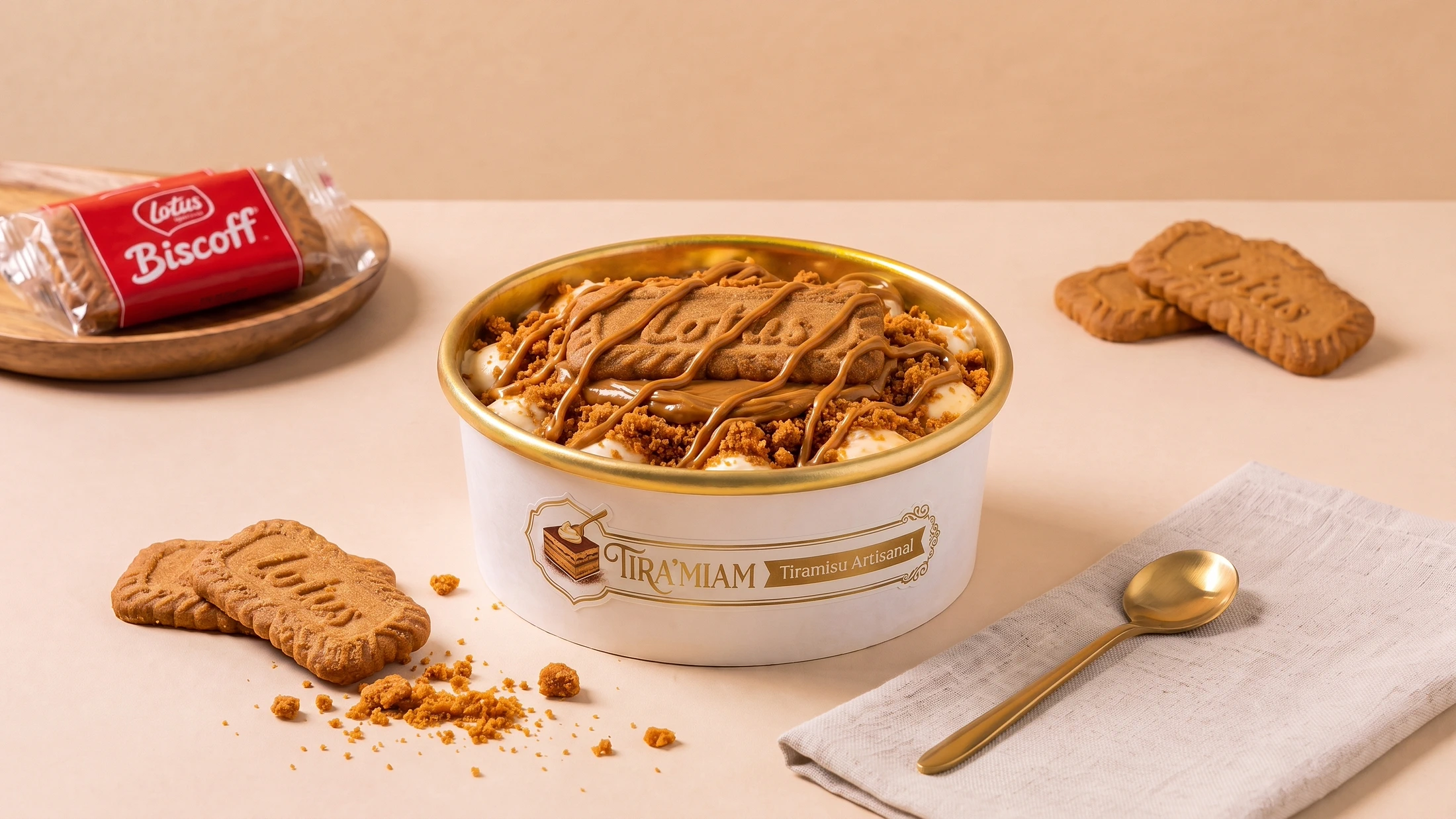 Le tiramisu spéculoos Tira'Miam fermé dans son pot de 750 ml.